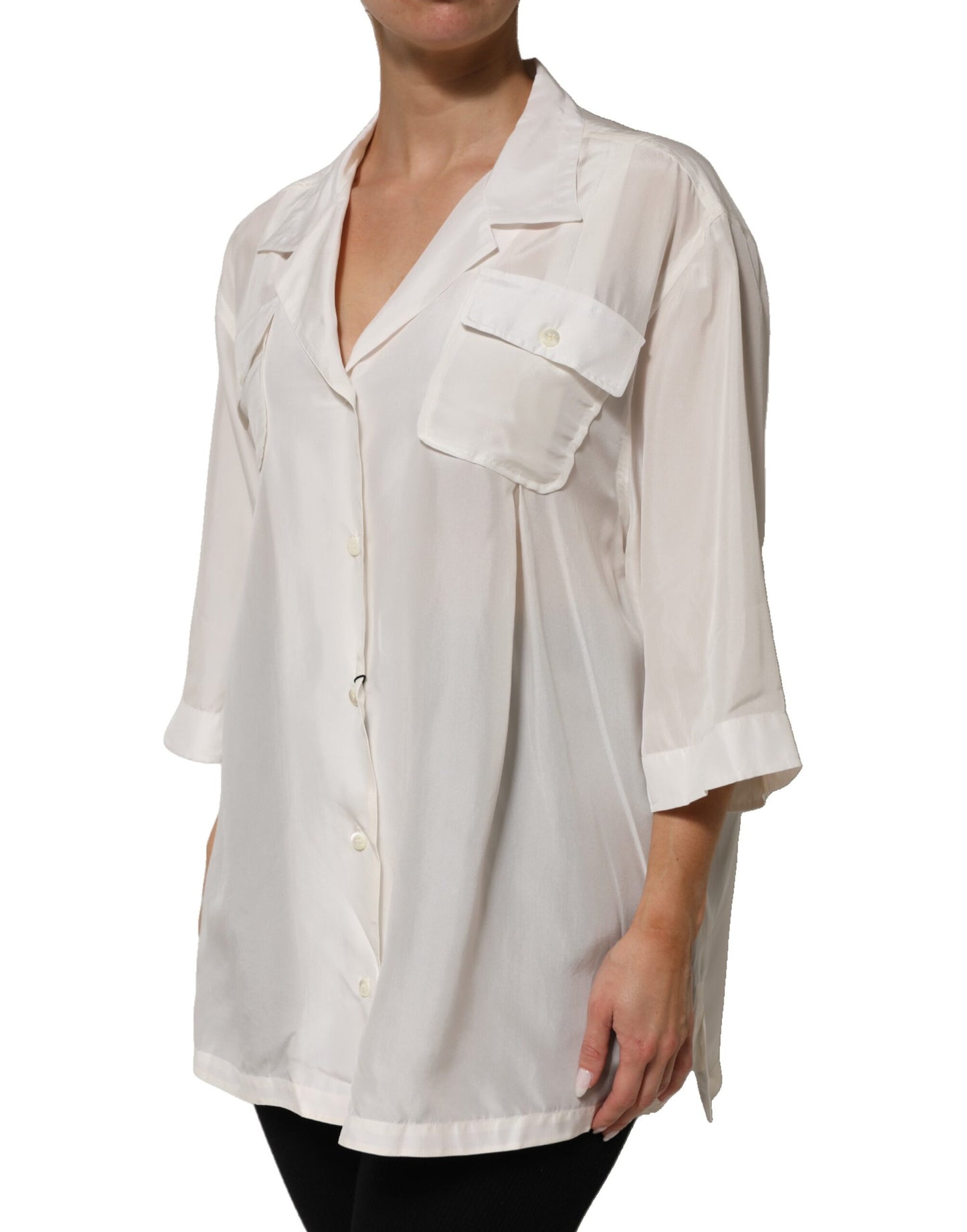 Off White Silk Button Down Polo Shirt Top