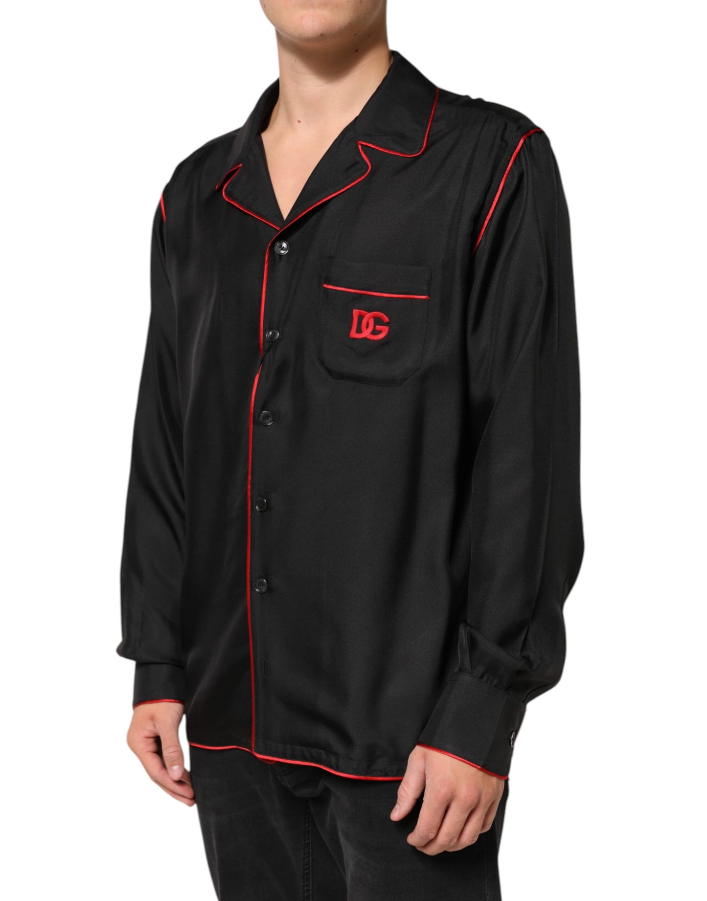 Black Red Contrast Trim Silk Casual Shirt