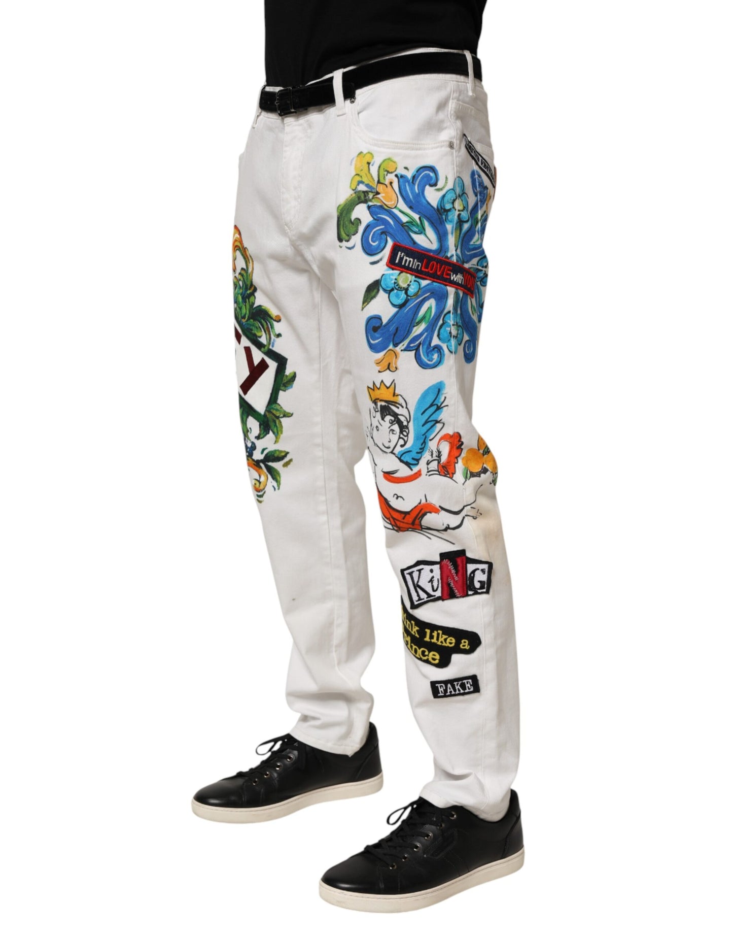 White Graffiti Print Skinny GOLD Denim Jeans