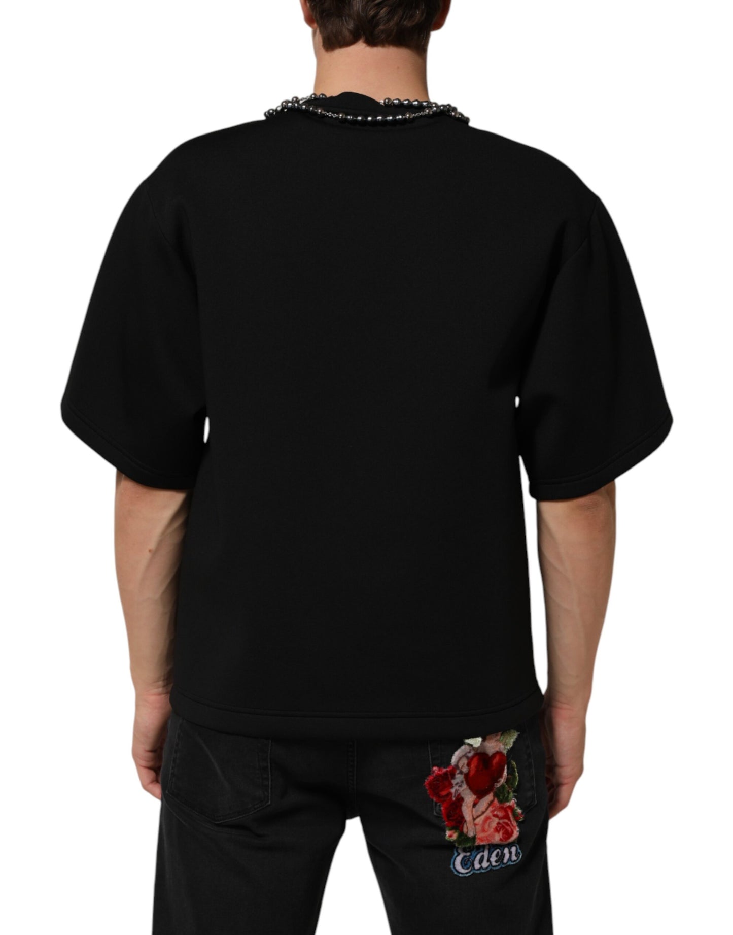 Black Polyester Necklace Embellished T-shirt