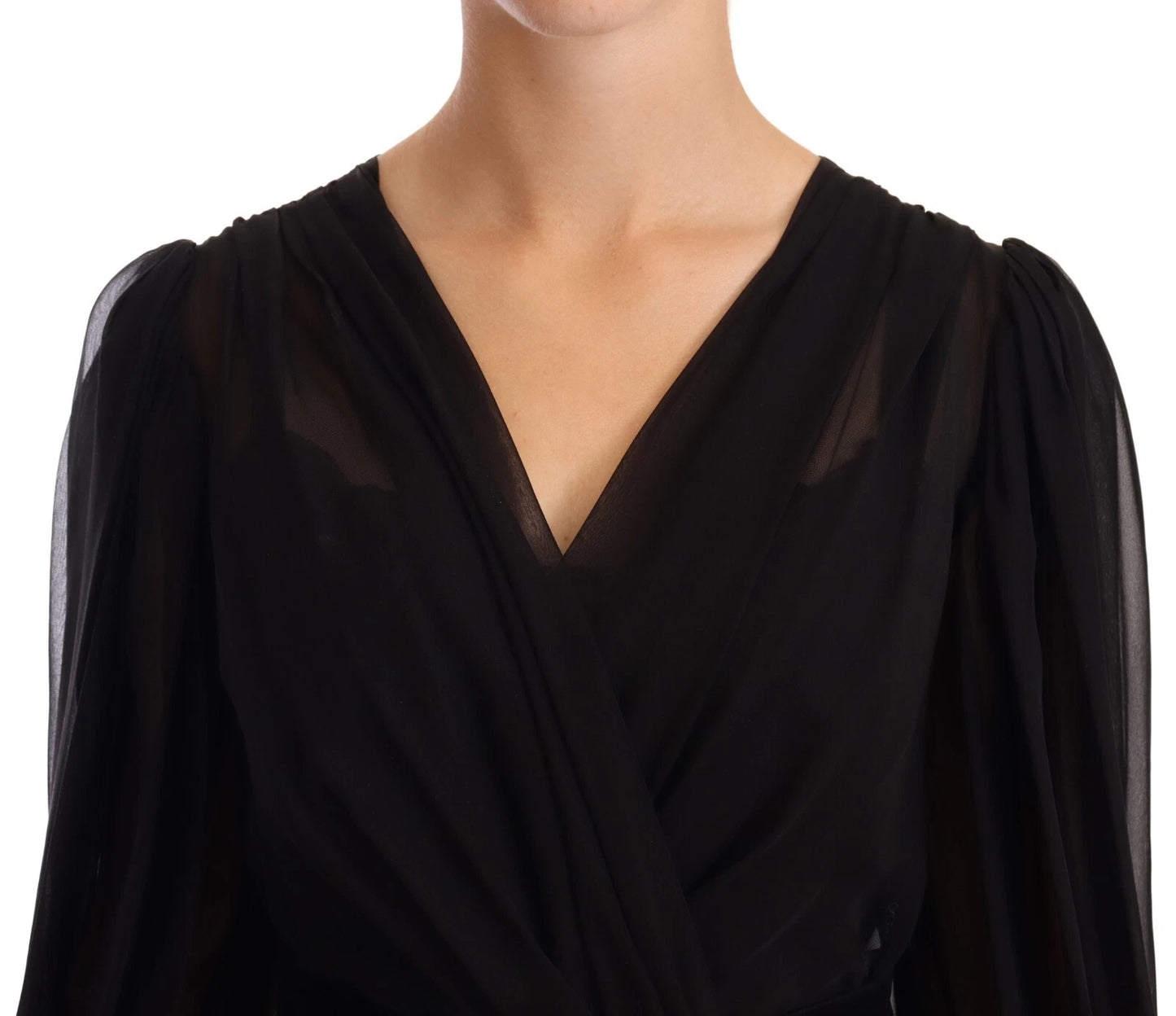 Black Silk Tulle Long Sleeve V-neck Dress