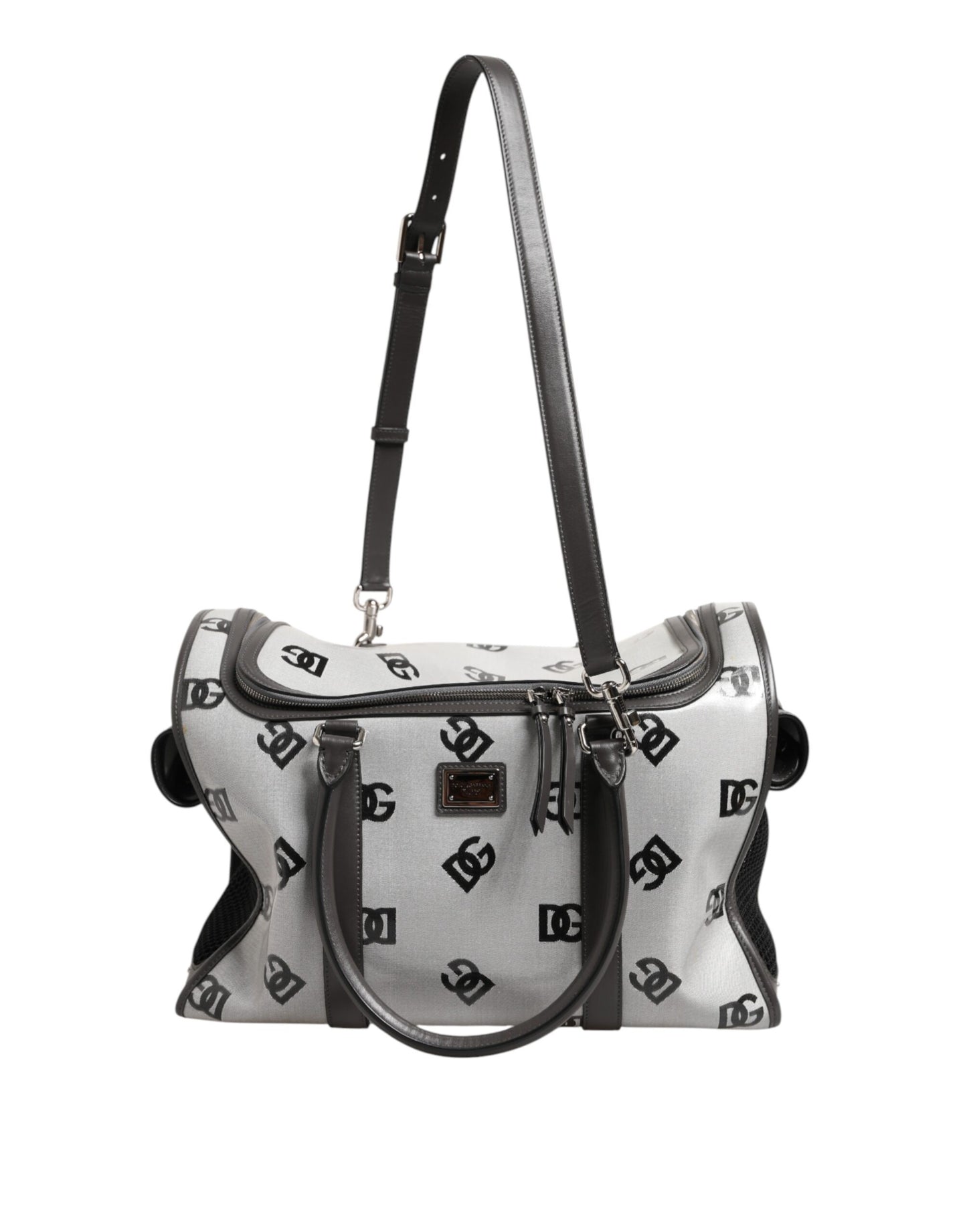 White DG Logo Pet Carrier Logo Plaque Top Handle Bag