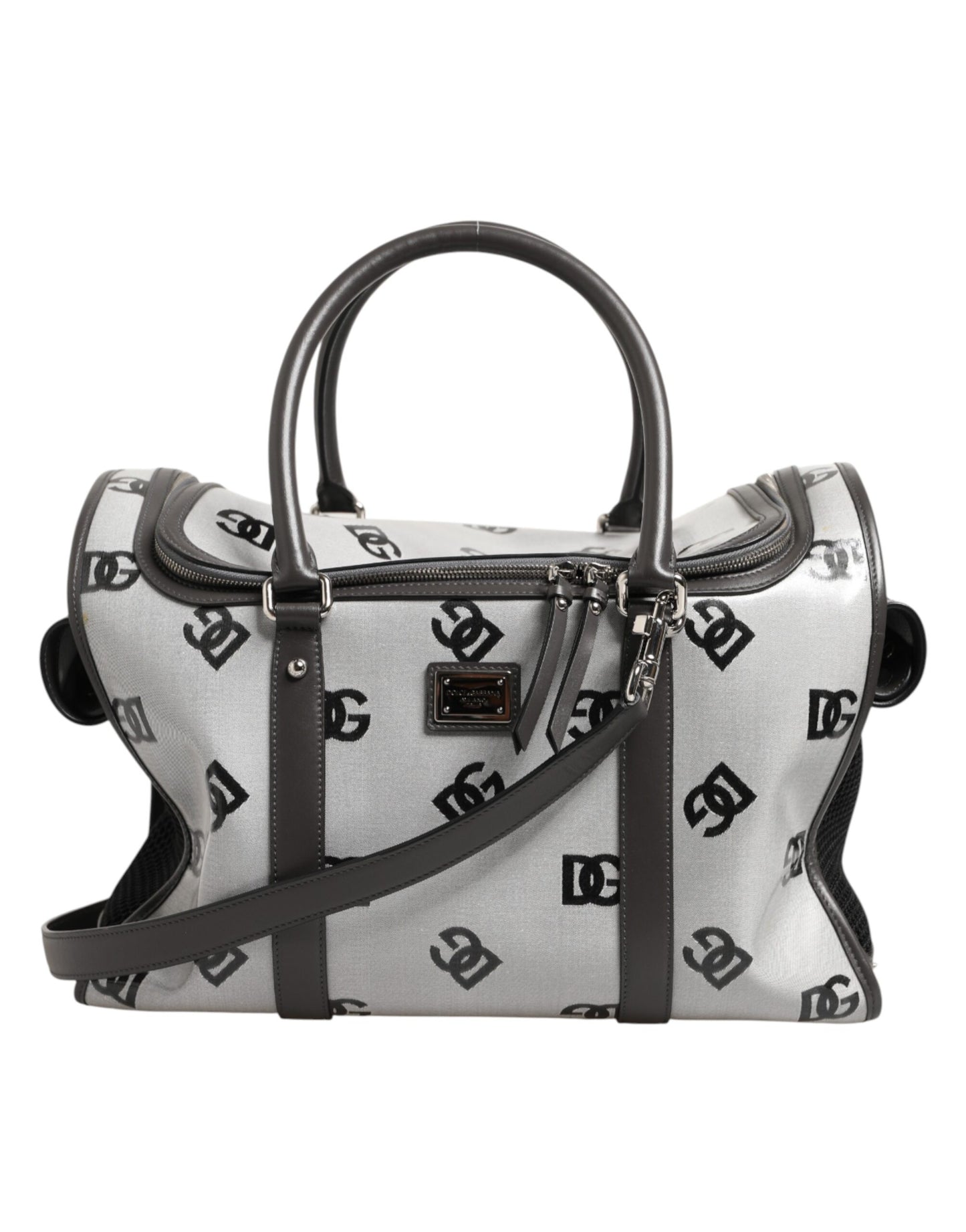 White DG Logo Pet Carrier Logo Plaque Top Handle Bag