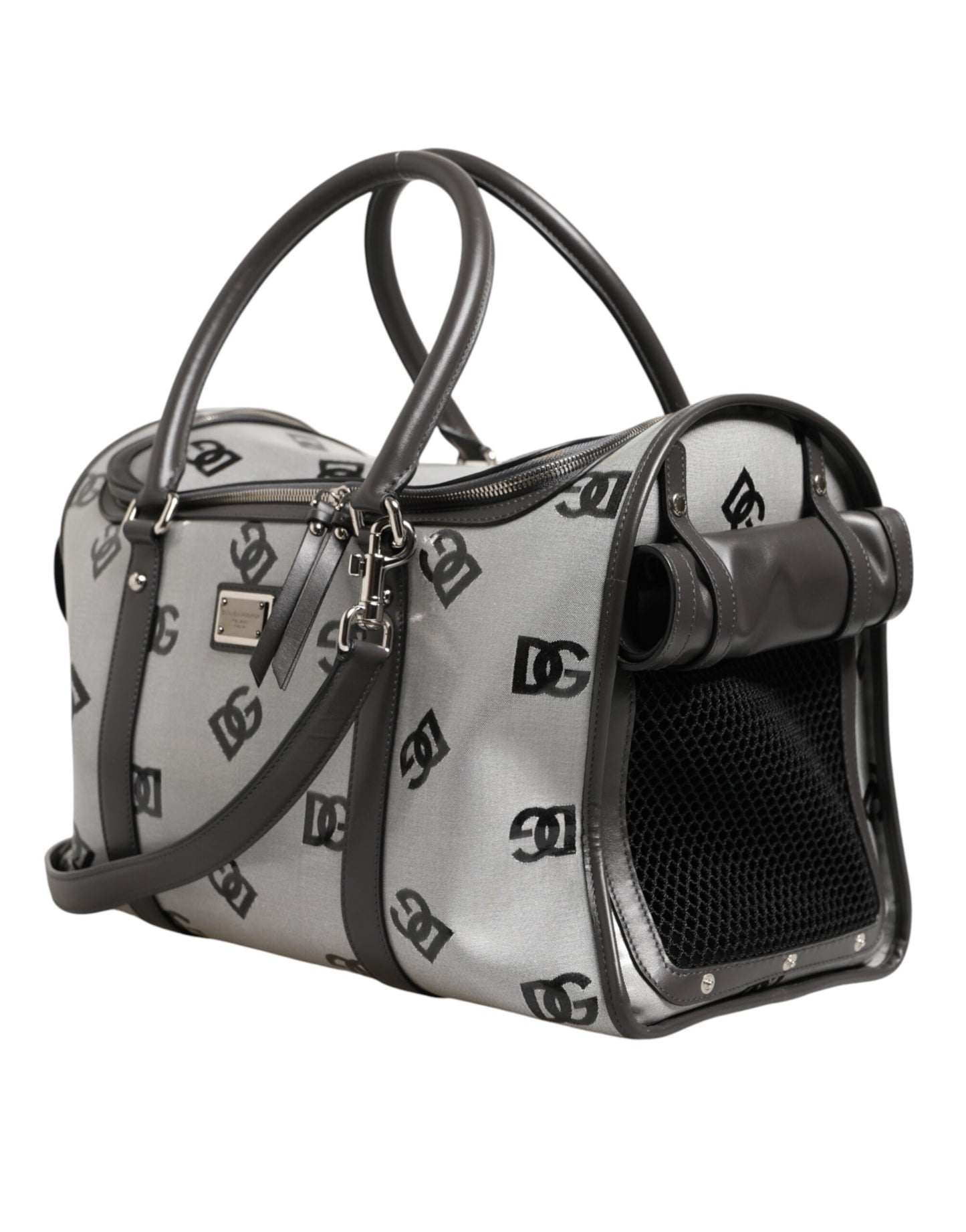 White DG Logo Pet Carrier Logo Plaque Top Handle Bag