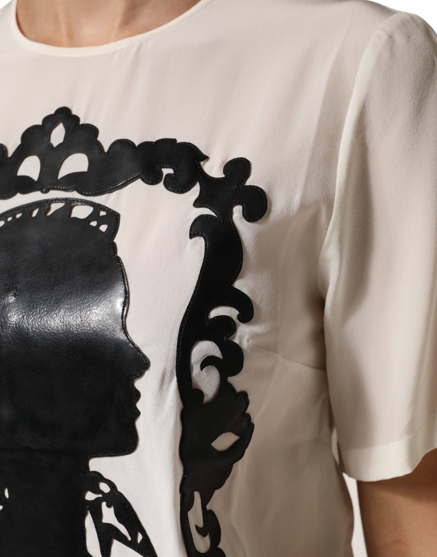 Cream Silk Silhouette Detail Short Sleeve Top
