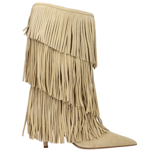 Beige Leather Flat Boots