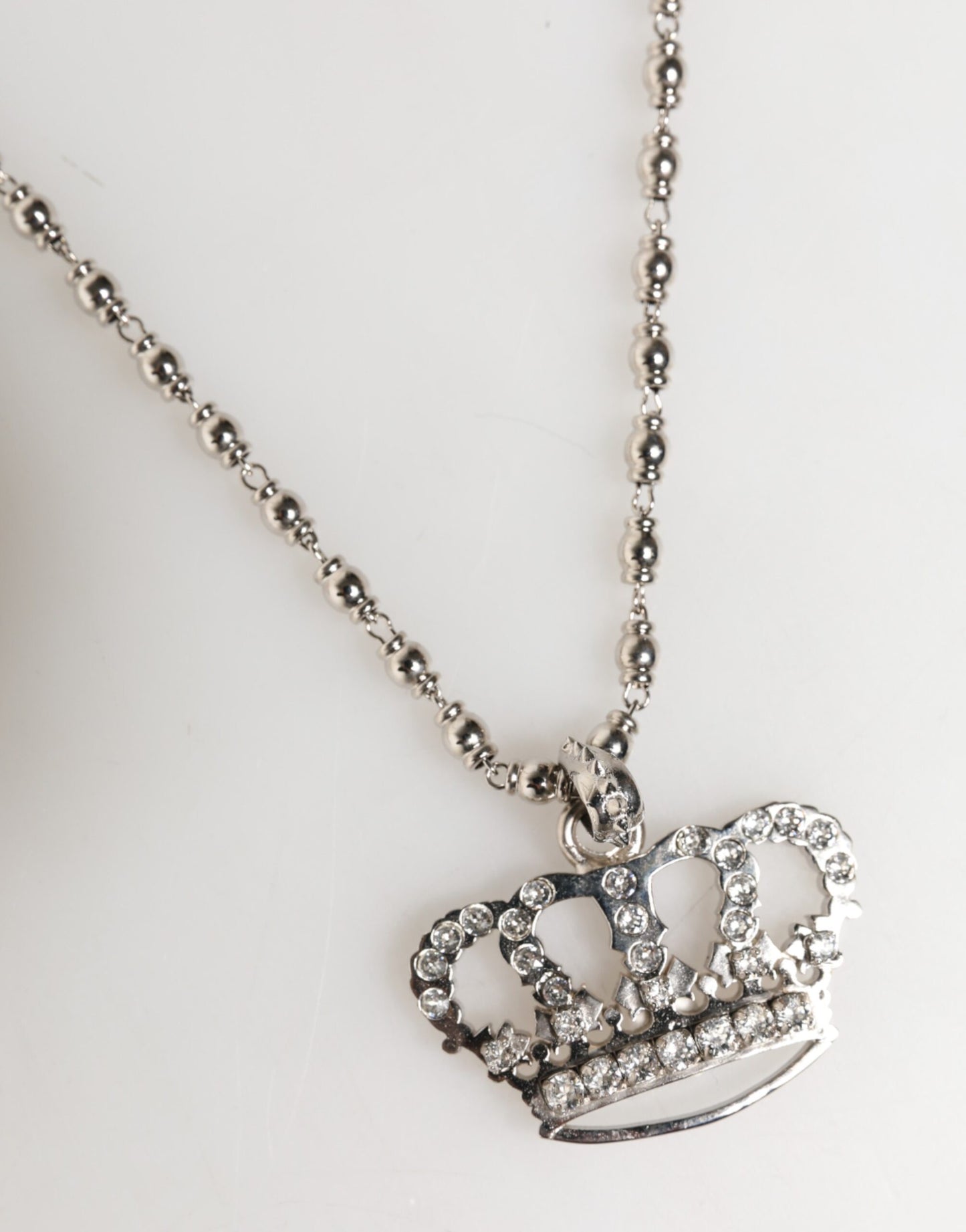 Silver Tone Brass Chain Crown Crystal Pendant  Necklace