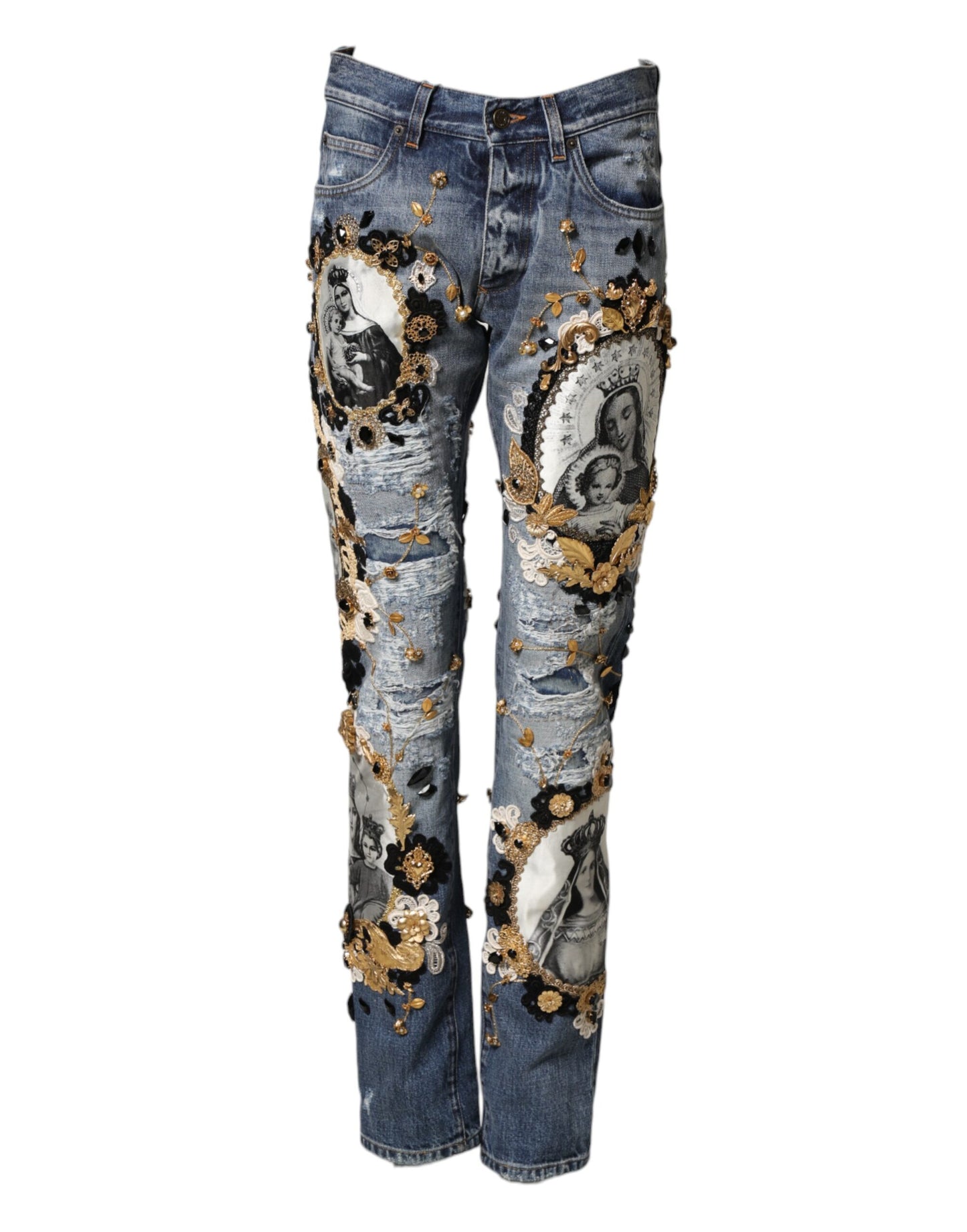 Blue Ripped Embellished Cotton Denim Jeans