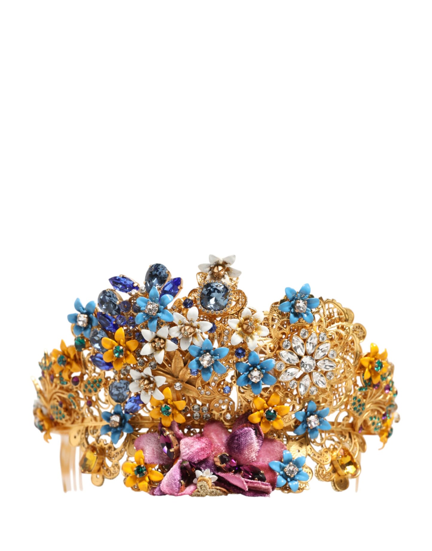 Gold Brass Crystal Floral Hortensia Crown Headband Tiara