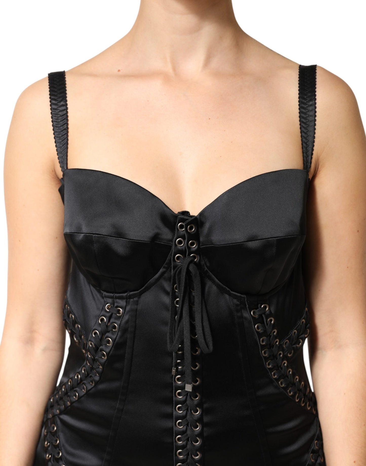 Black Satin Acetate Lace Eyelets Mini Dress